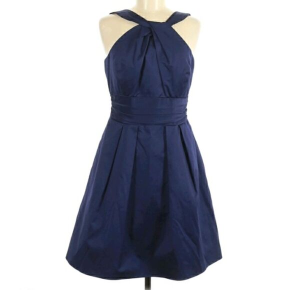 David's Bridal Twist Y-neck Halter Mini Fit & Flare Dress Pockets Navy Sz 2 - Picture 1 of 10